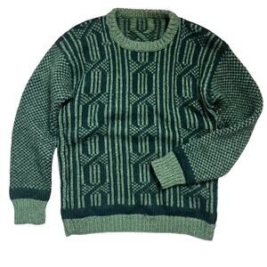 Vintage Chunky Cable Knit Dad Sweater Men’s Green Wool Geometric Unique Retro